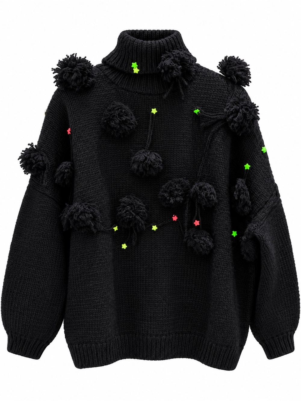 Loewe Black Pom-Pom Turtleneck Sweater with Neon Star Accents